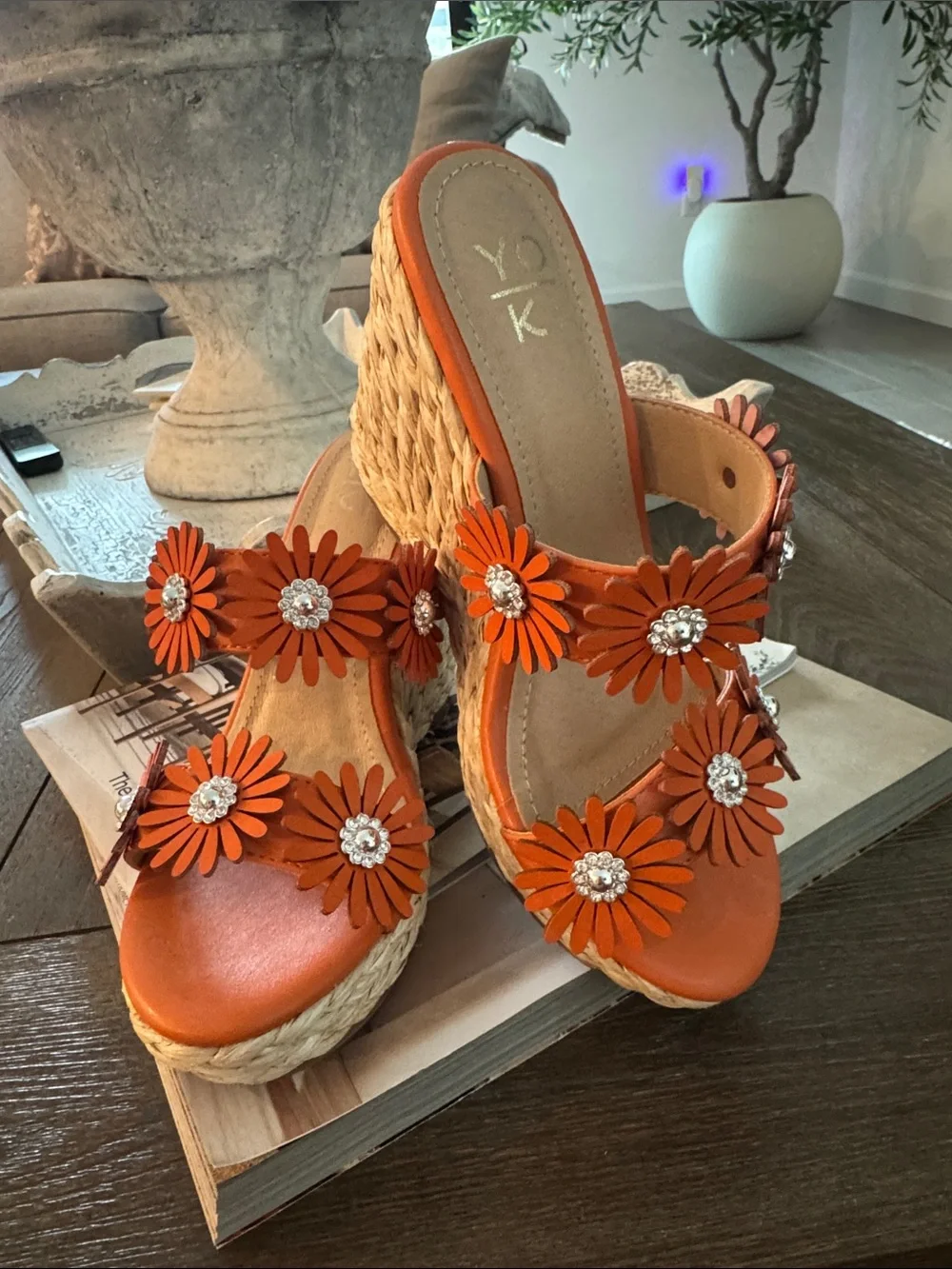 Yo Ki Orange Floral Daisy Wedge Sandals